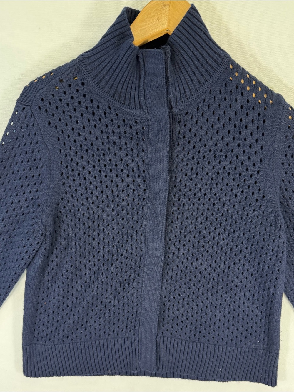 Talbots Navy Pointelle Snap Button Cardigan with Ribbed Funnel Collar